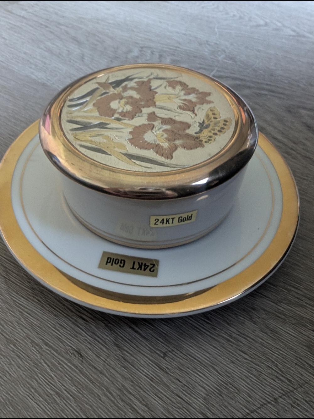 Porcelain Trinket Box and Saucer with 24KT Gold Trim